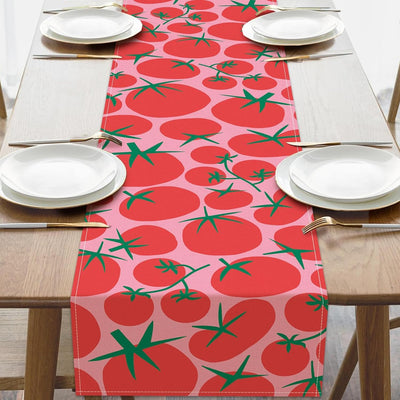 Camino de mesa de comedor con frutas de tomate, rosa y roja arpillera
