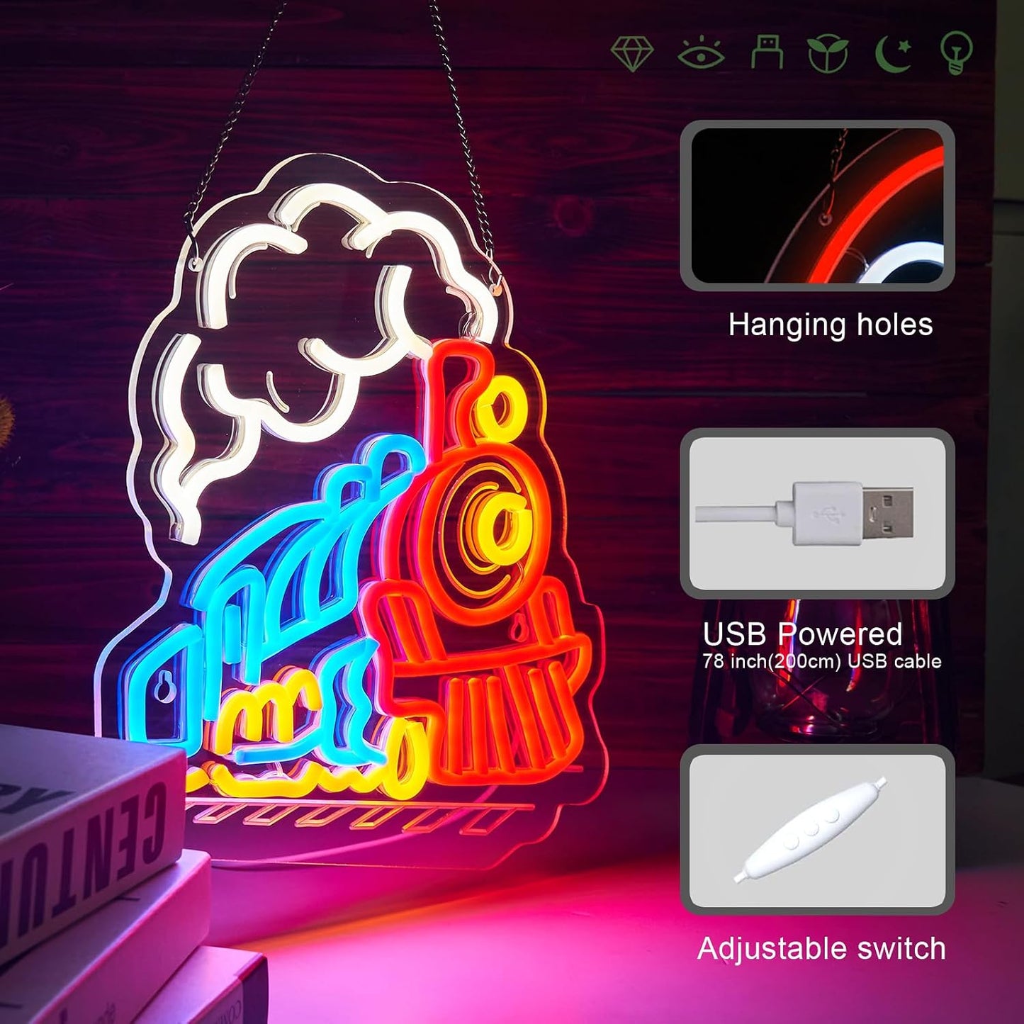Lámpara neón tren pared con temporizador USB para niños