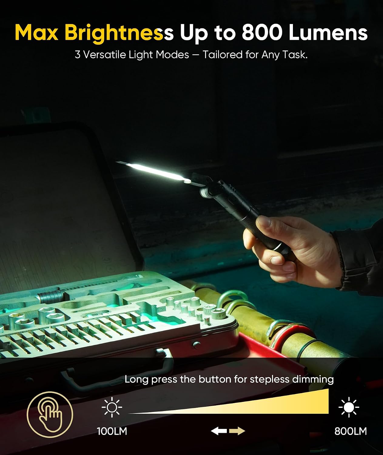 Luz mecánica magnética 800lm recargable con base y gancho