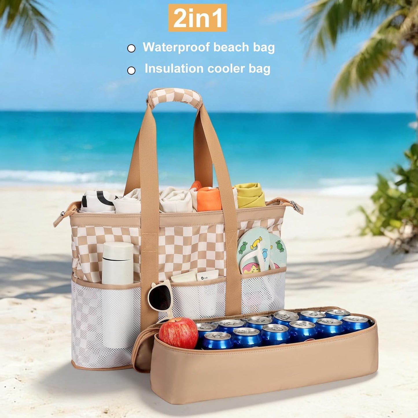 Bolsa playa mujer impermeable con enfriador 9 bolsillos