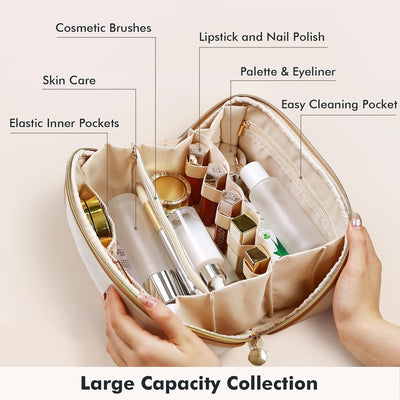 Bolsa maquillaje mujer piel vegana impermeable beige con divisor