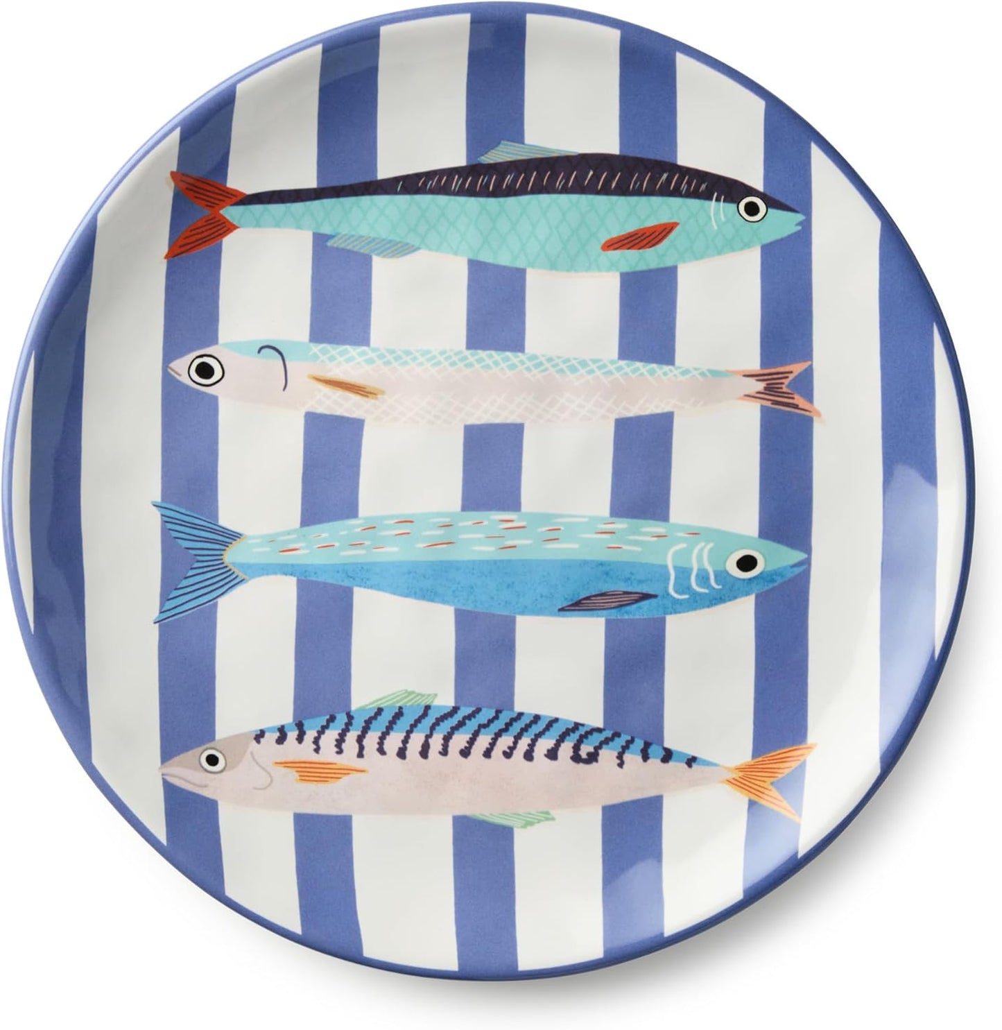 4 Pzas Platos Cerámica Náuticos 11pulg Rayas Azules Arte Pescado