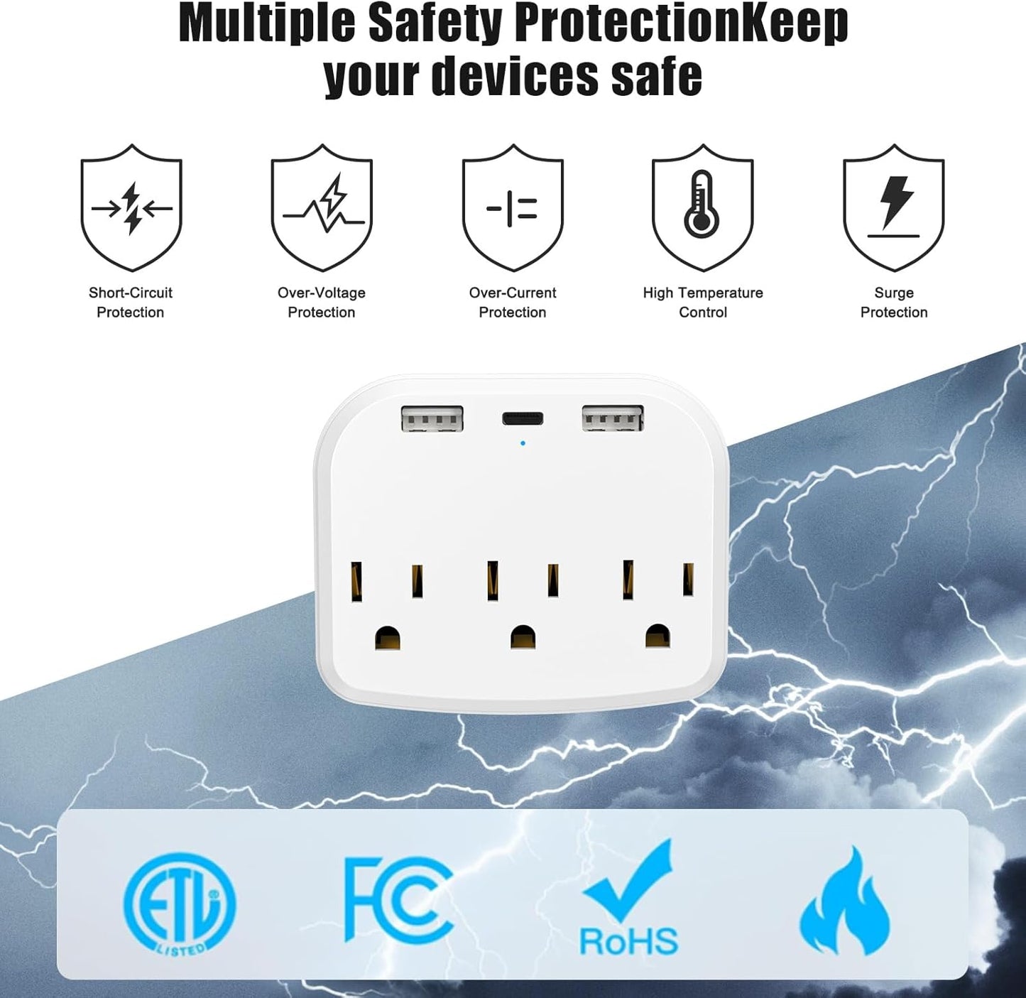 Extensor tomacorriente con soporte telefono 2USB-A 1USB-C