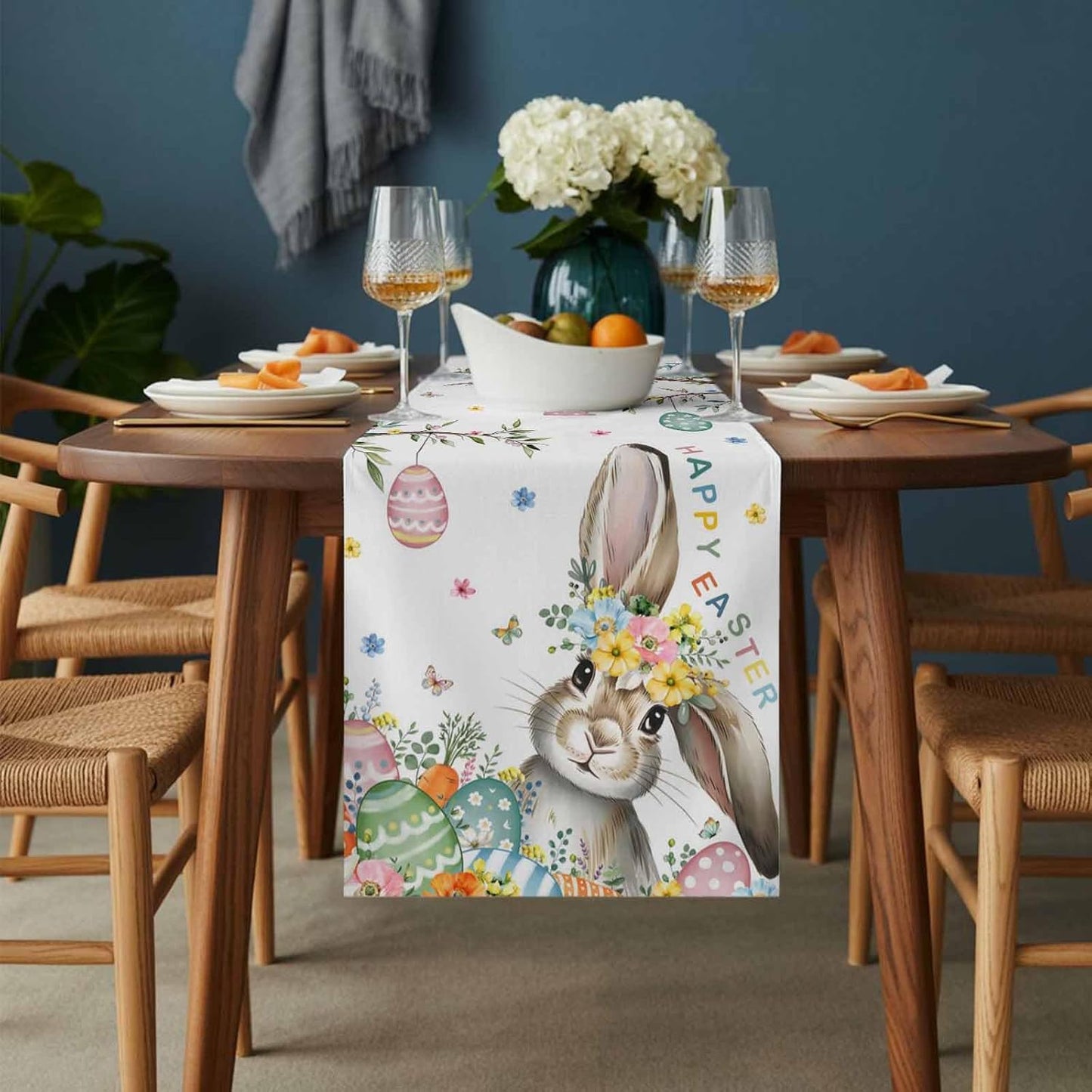 Mesa Pascua primavera 72pulg lino algodón conejos flores