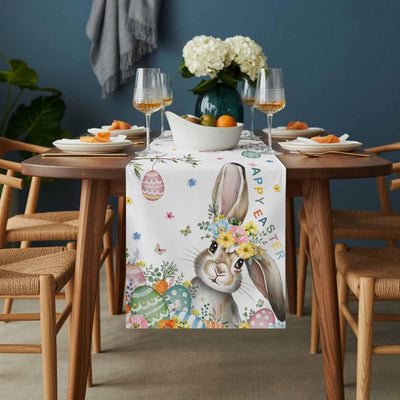 Mesa Pascua primavera 72pulg lino algodón conejos flores