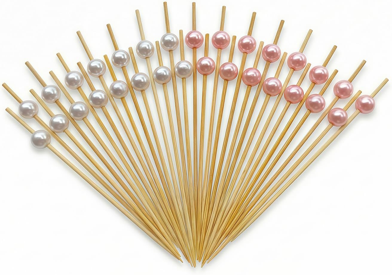 120 Palillos Cóctel Rosa y Blanco Bambú 4.7pulg Elegantes