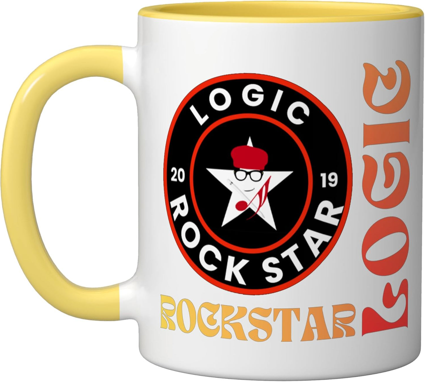 Taza de cerámica con emblema circular amarillo/blanco