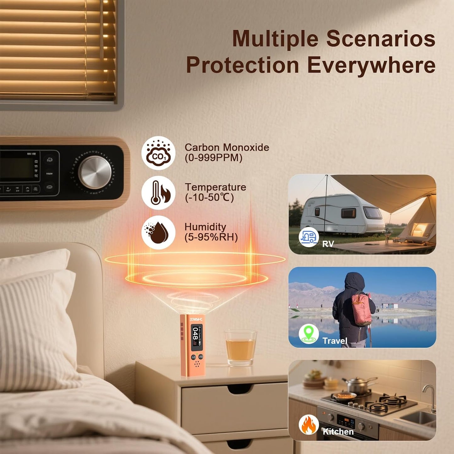 Detector CO 3en1 con temp y humedad alarma dual viaje campamento RV