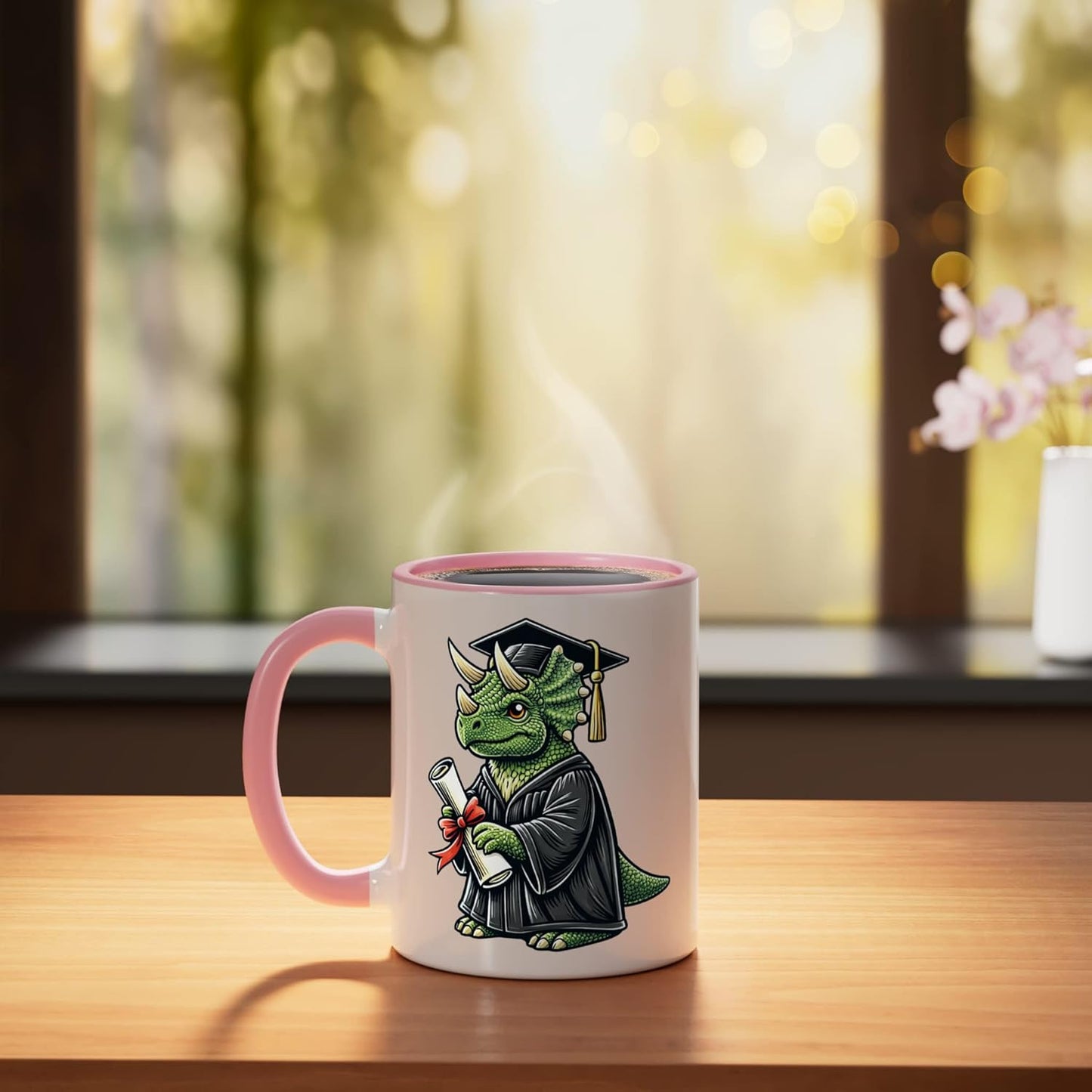 Taza Cerámica Dinosaurio Triceratops Rosa/Blanca