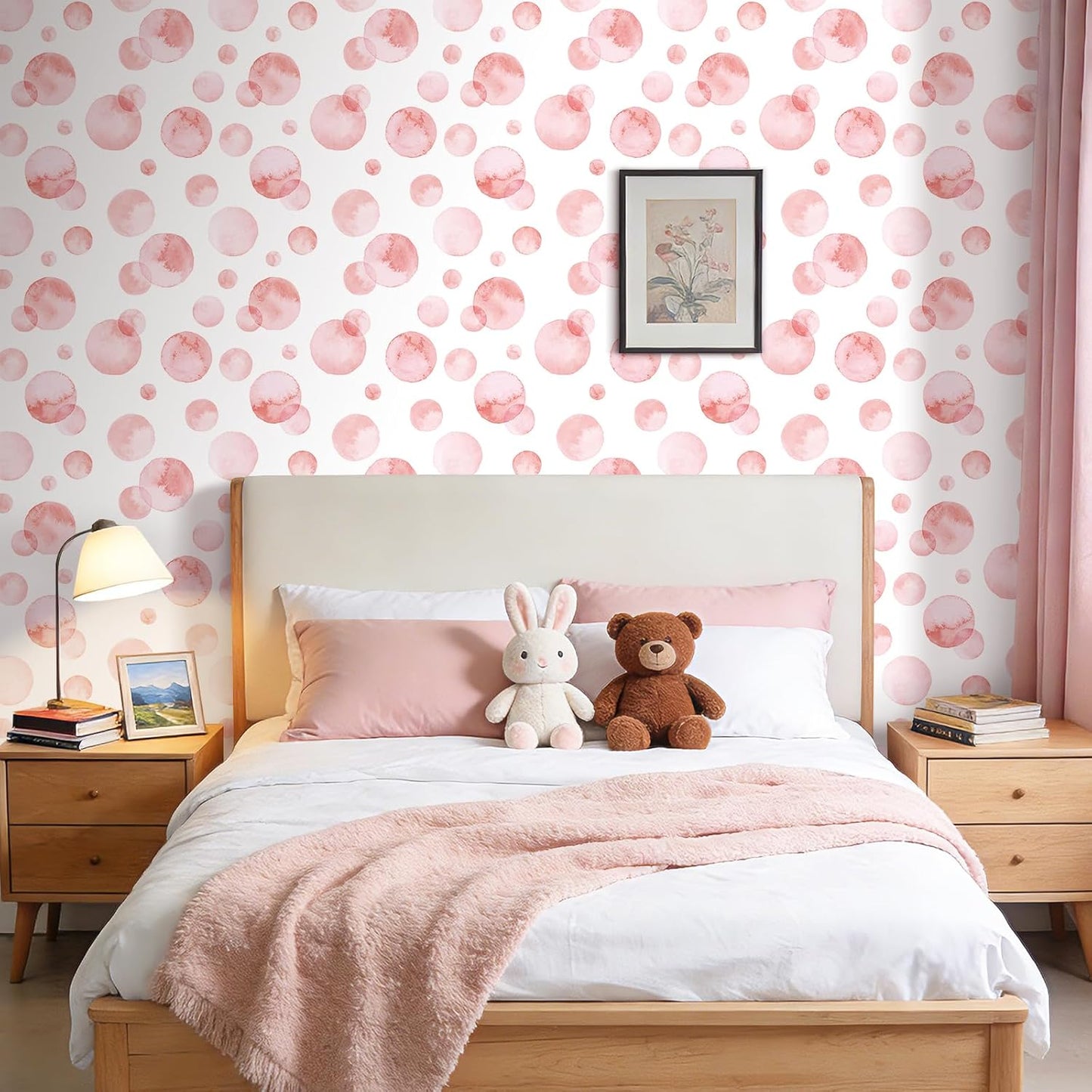 Papel tapiz lunares rosados y blancos autoadhesivo para dormitorio