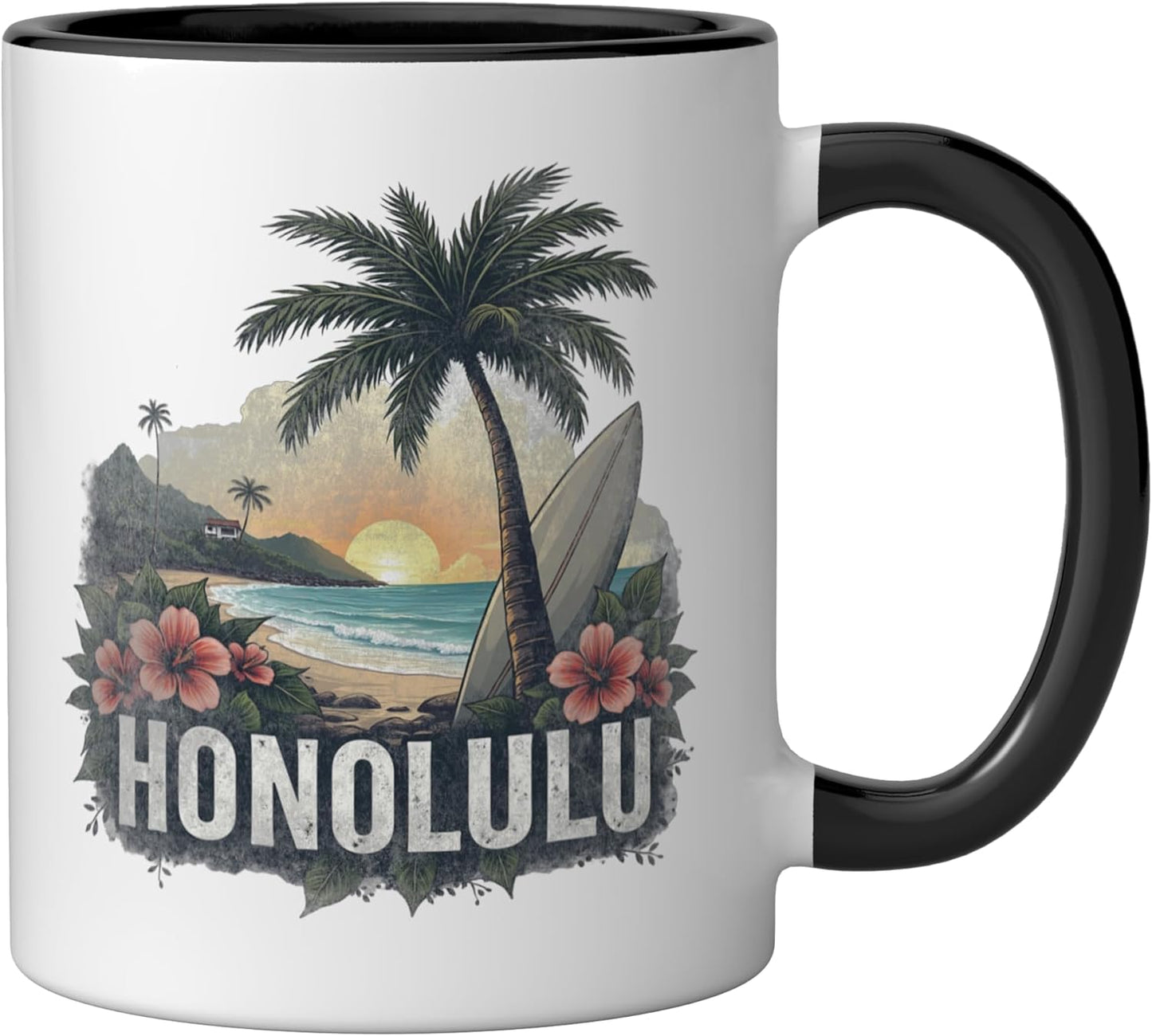 Taza cerámica retro de Honolulu, negro/blanco