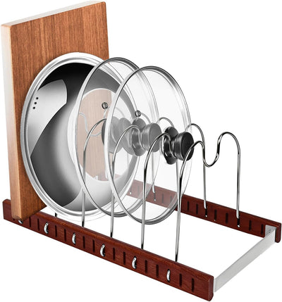 Organizador de tapas de olla y sartén con base de roble para cocina