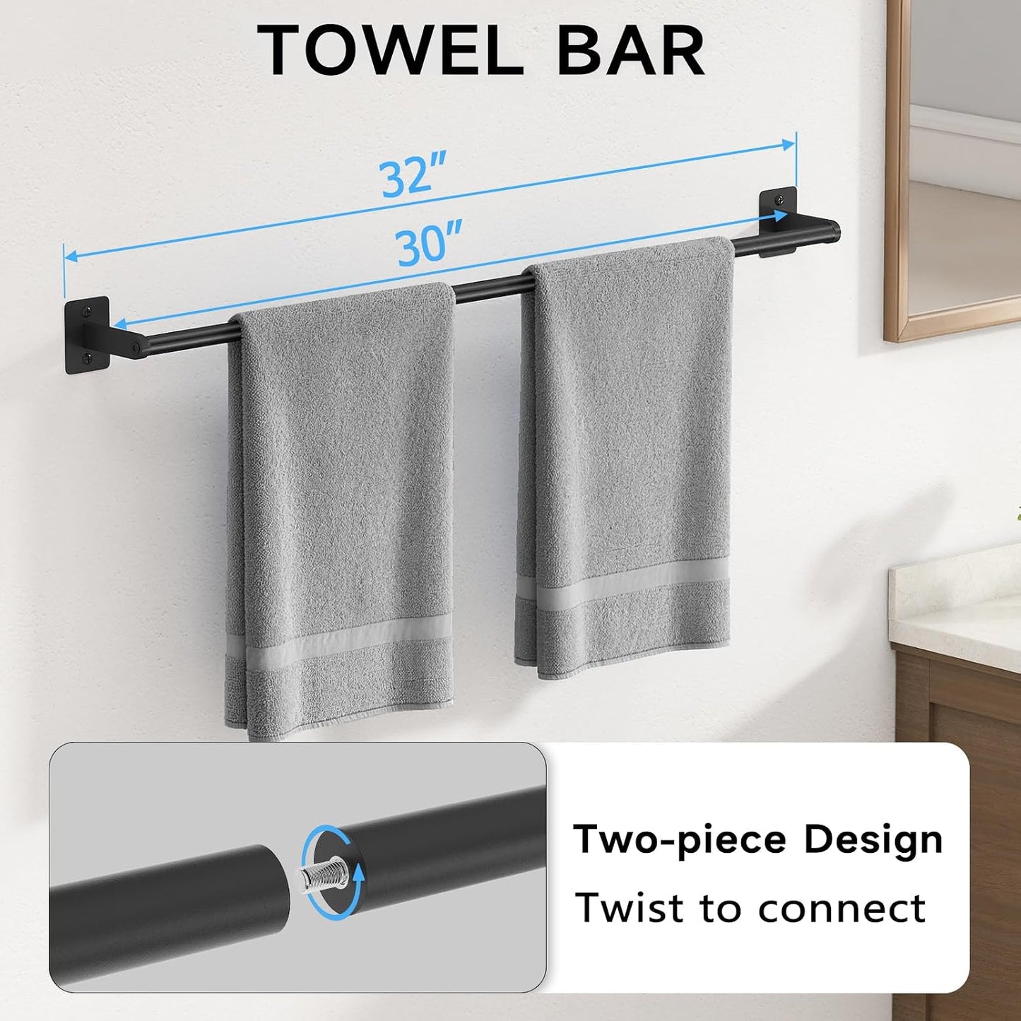 Set 4 Pzas Accesorios Baño Toallero 32pulg Negro Mate