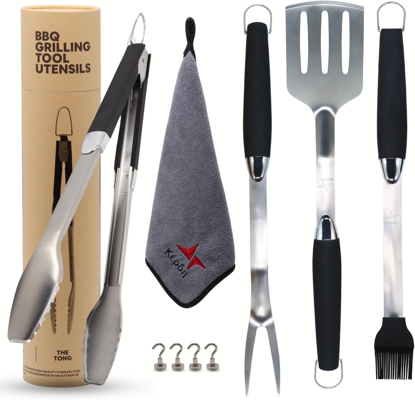 Juego parrilla acero inox asas largas agarre comodo