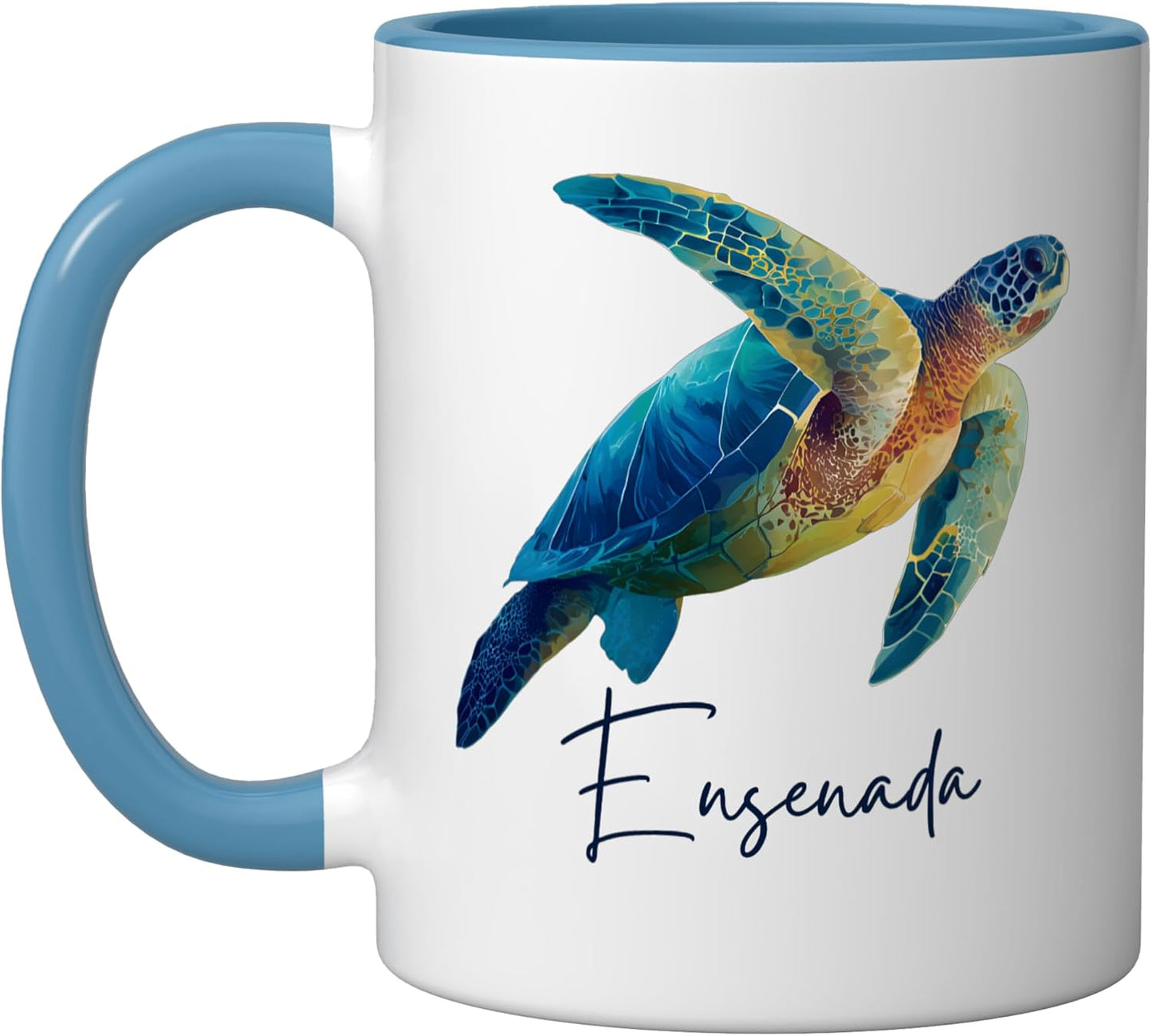 Taza cerámica Ensenada México souvenir azul/blanco