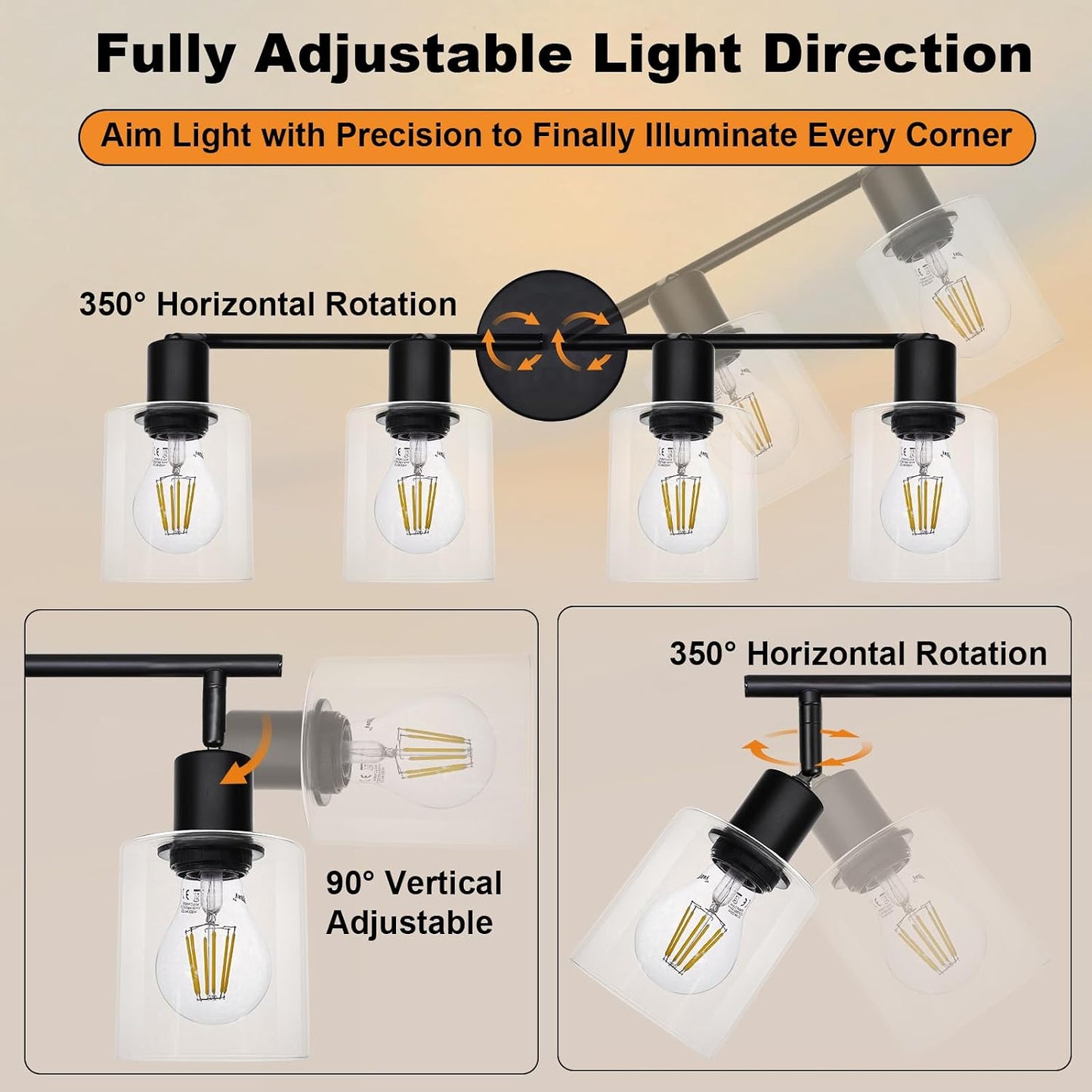 Lámpara riel 4 luces giratorio pared techo cristal E26