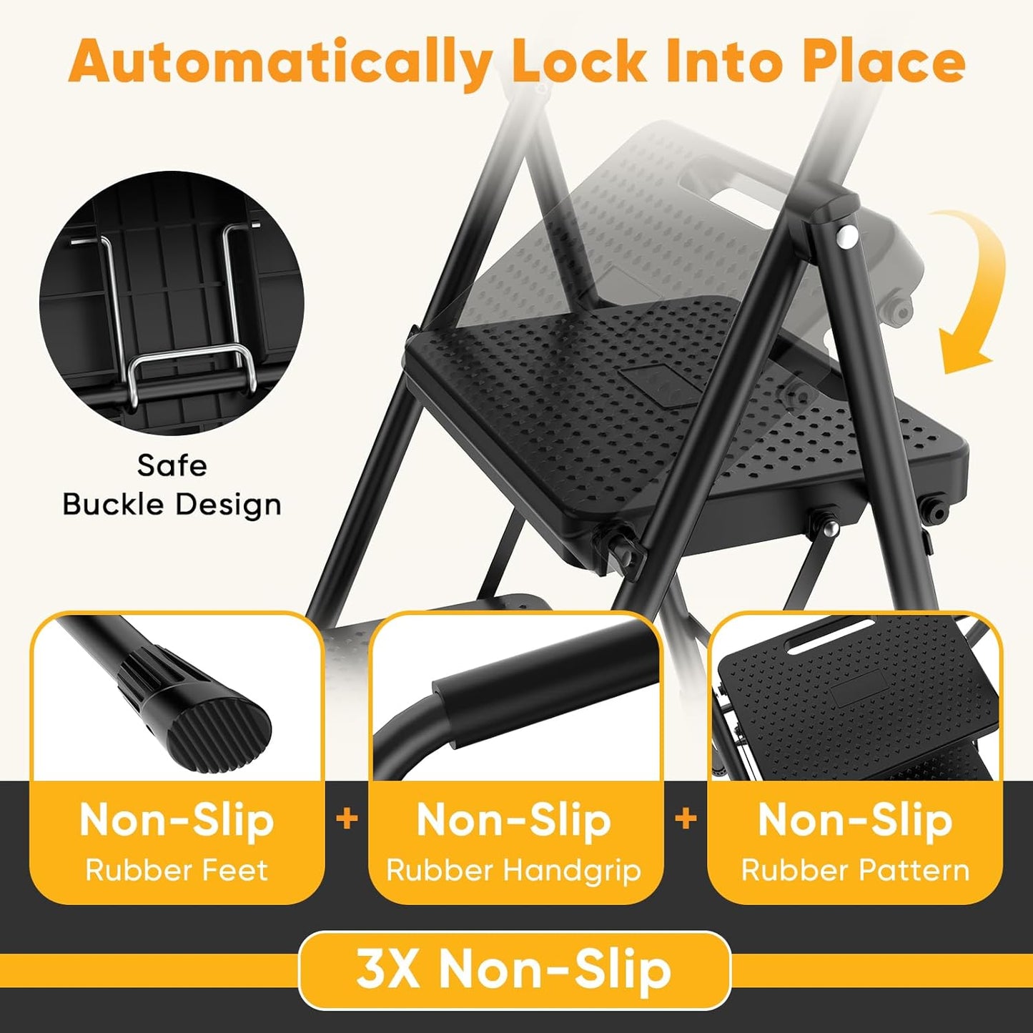 Escalera plegable 2 escalones acero negro antideslizante