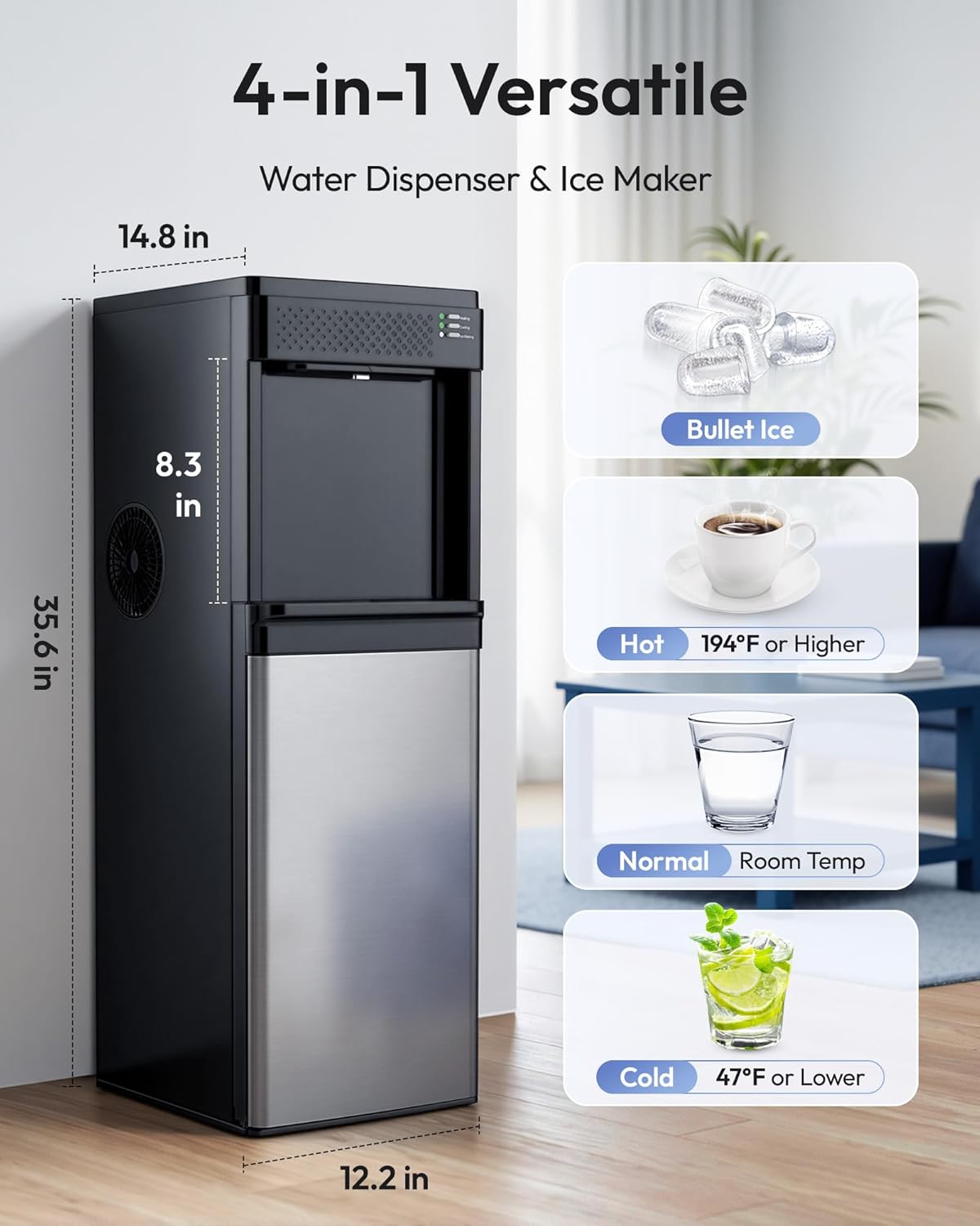 Dispensador agua 4en1 con hielera frío calor 3-5gal negro