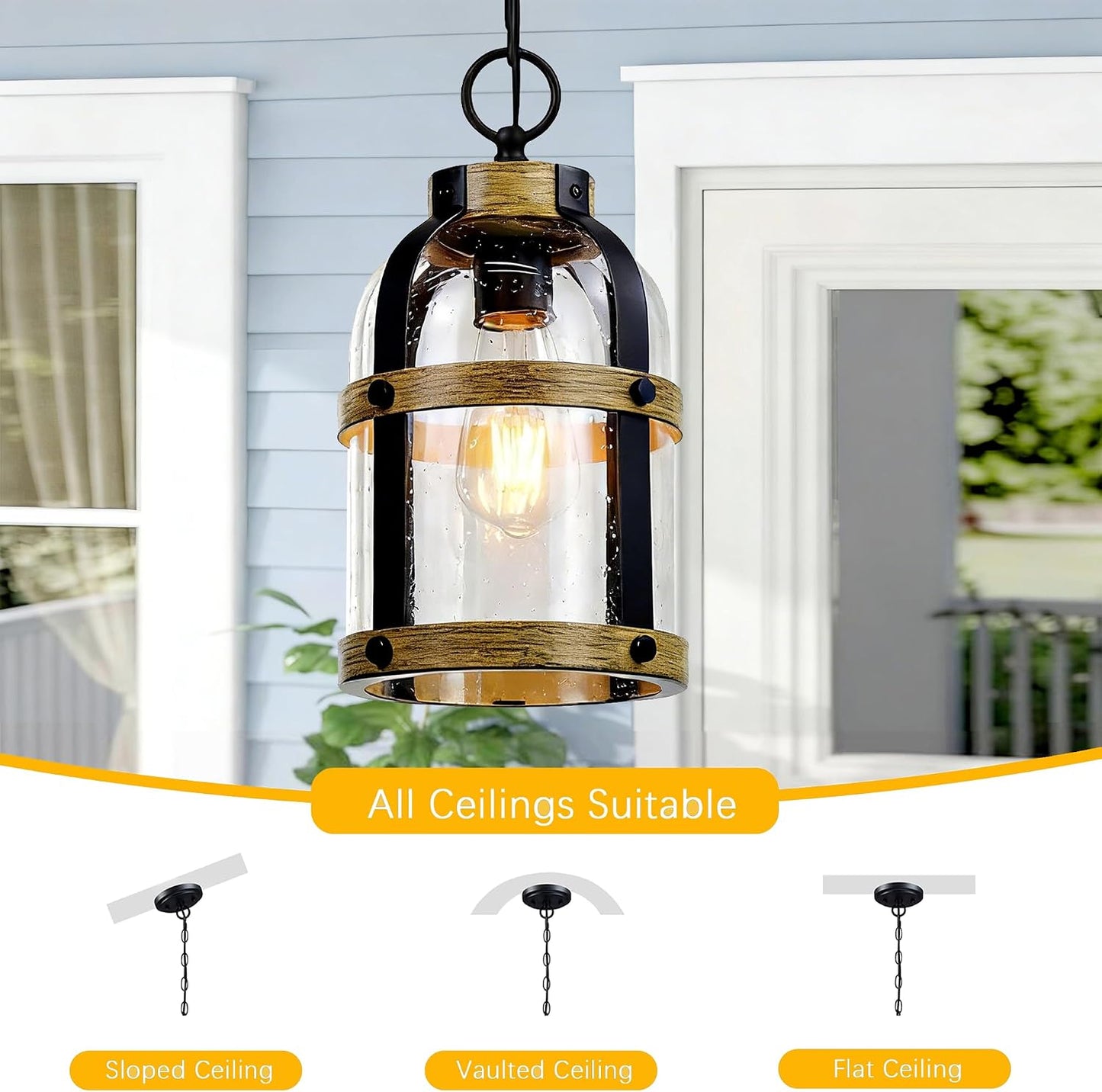 Lámpara colgante exterior negro madera vidrio sembrado