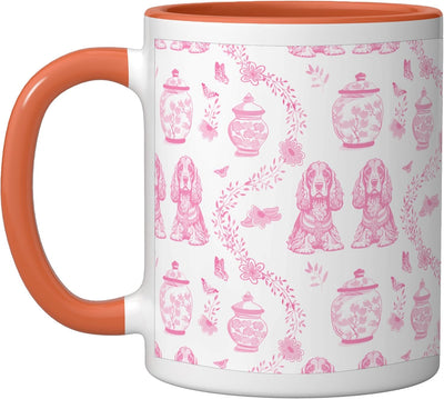 Taza cerámica para perro Cocker Spaniel Preppy Pink Toile naranja/blanca