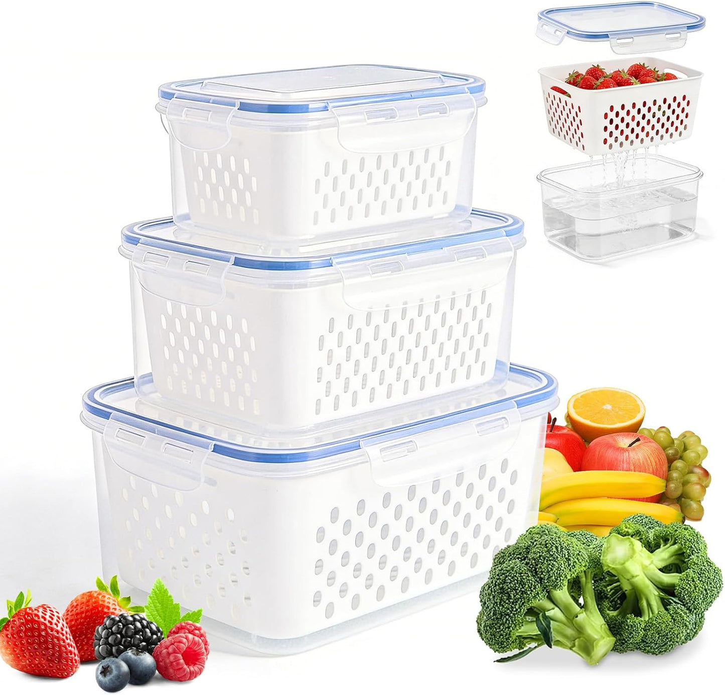 Contenedor Almacenamiento 4pulg 3 Pzas con Cernidor para Frutas