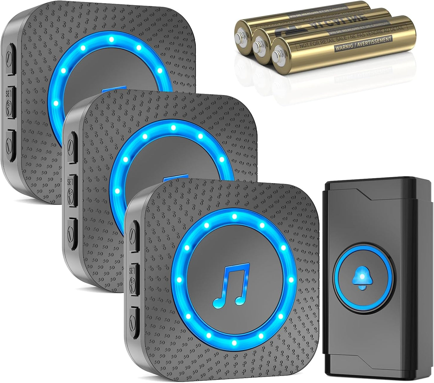 Timbre inalámbrico con 3 receptores 1 botón IP55 1300 pies luz LED