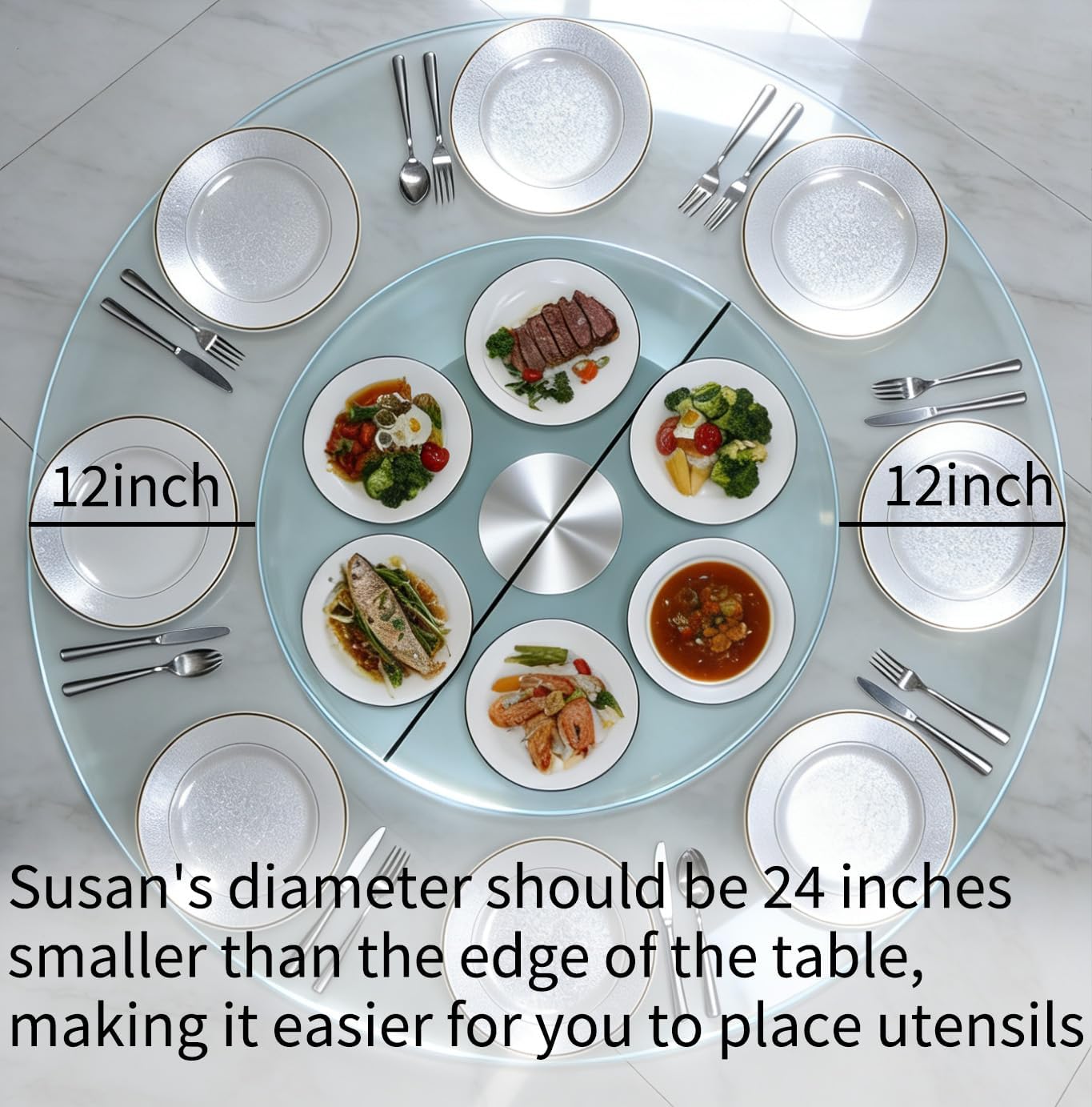 Lazy Susan de vidrio de 36 pulgadas para mesa de comedor con 6 ruedas