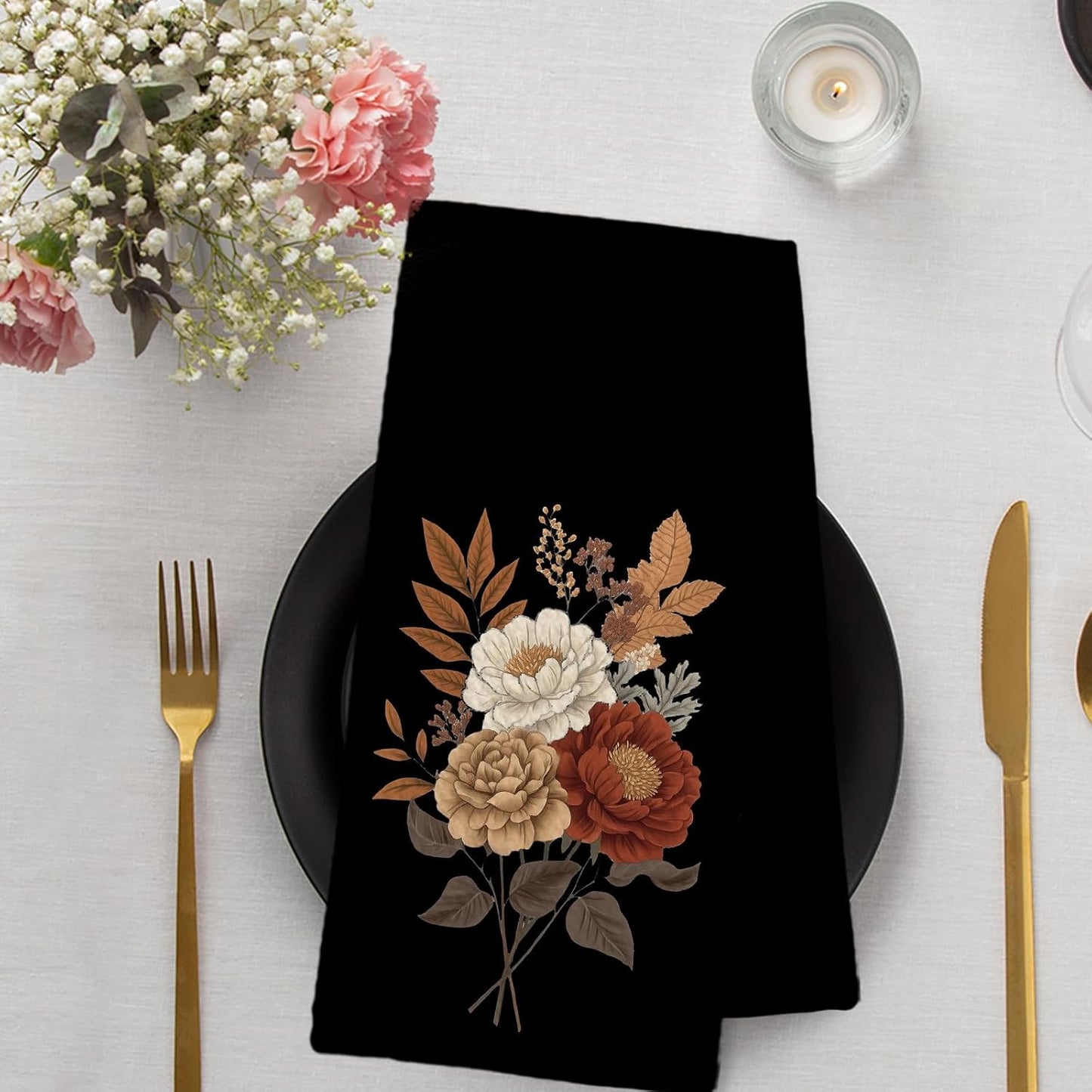 Juego de toallas de cocina y platos vintage en negro con flores, 16x24 pulgadas