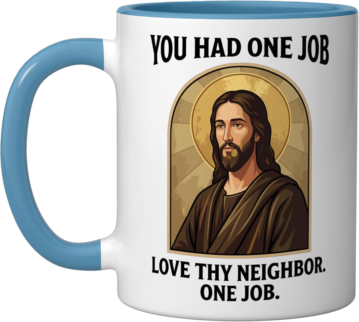 Taza cerámica Jesus Love Thy Neighbor azul/blanco