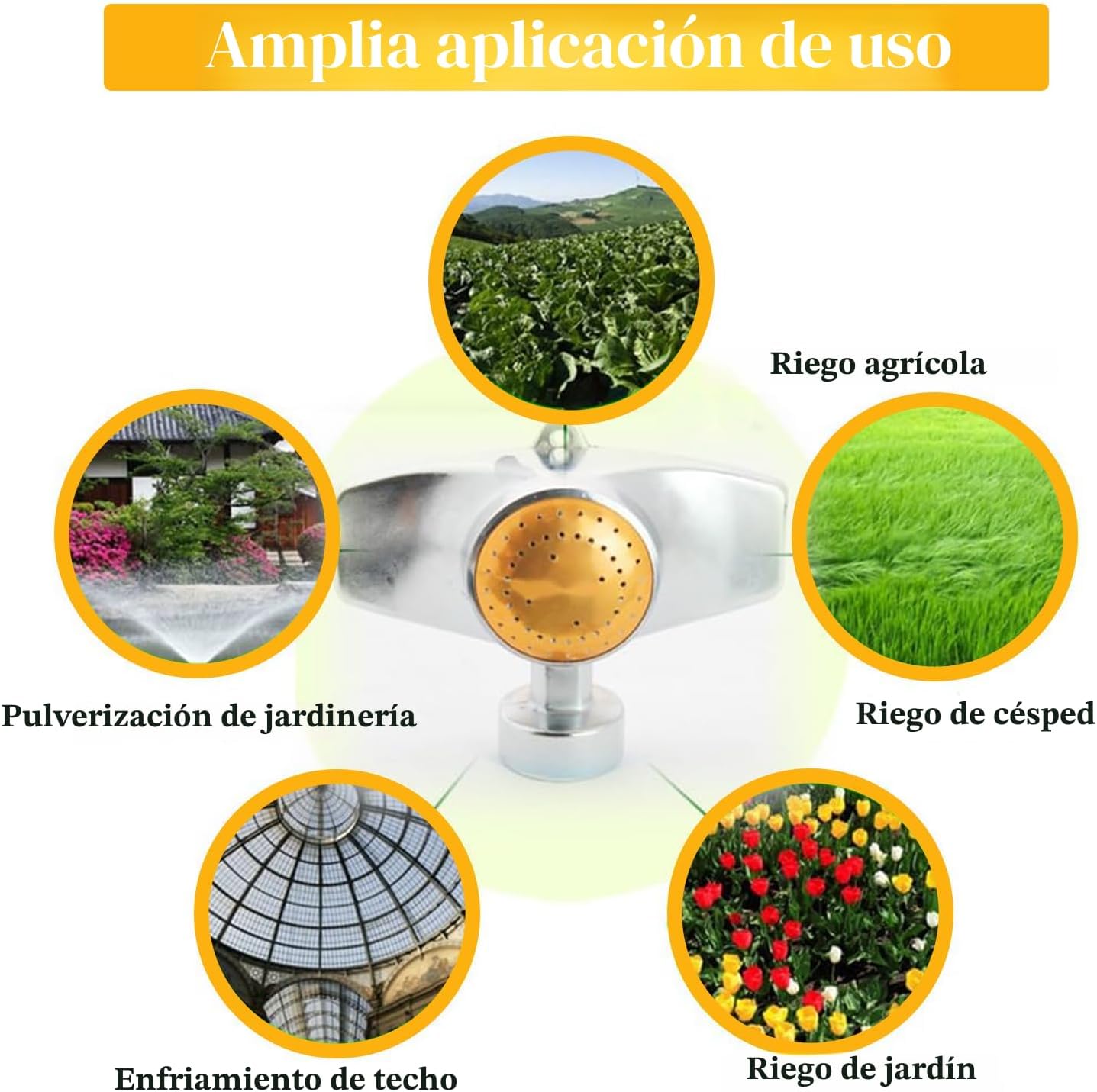 Aspersor jardín 360° patrón circular flujo suave amarillo