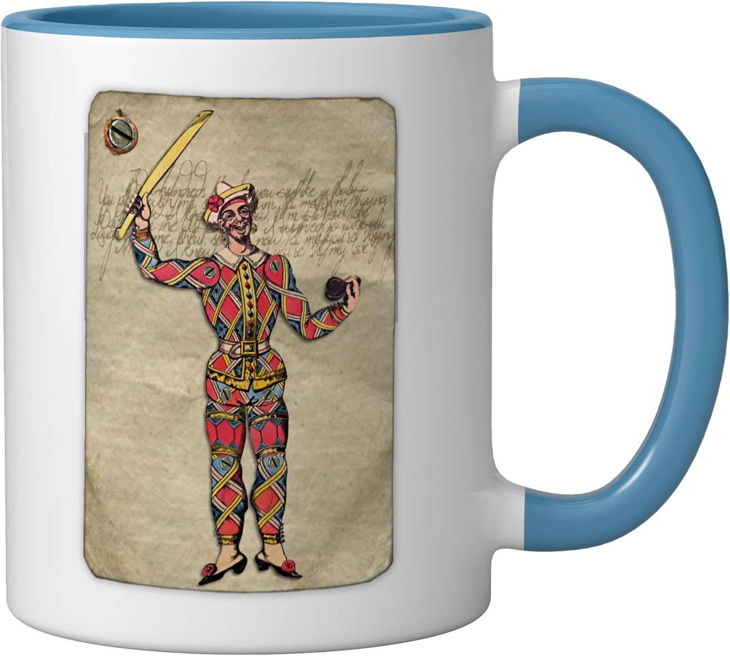 Taza cerámica vintage documentos efímeros azul/blanco