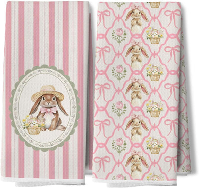 Juego de 2 paños de cocina decorativos de conejo de Pascua con lazo rosa para baño de niñas