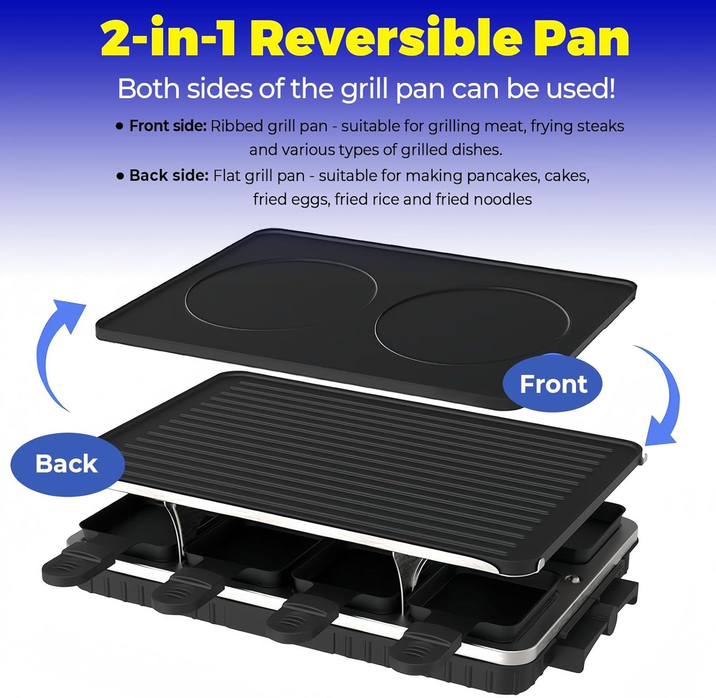 Parrilla eléctrica Raclette 1300W con sartén y 8 mini