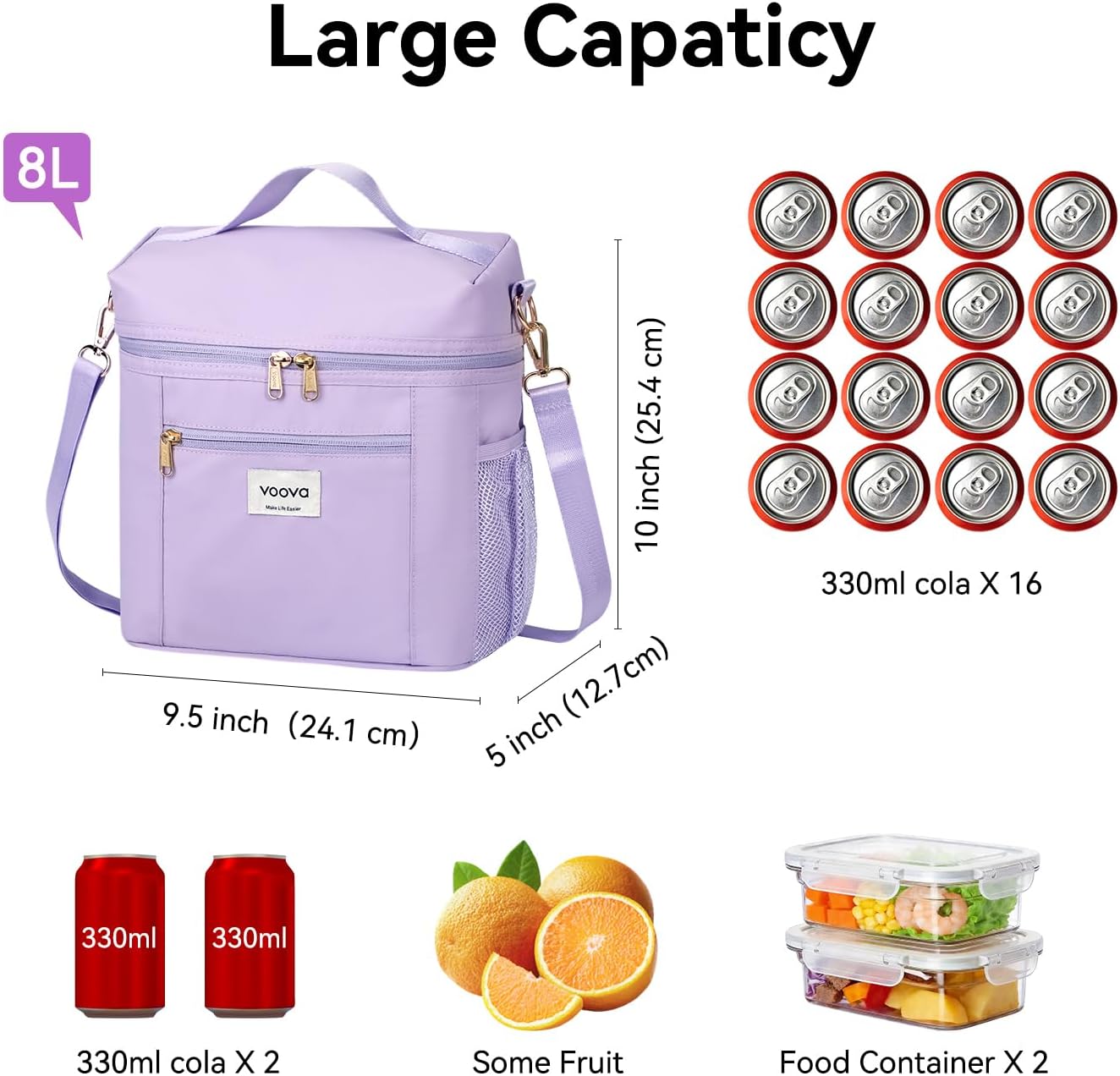 Bolsa almuerzo térmica impermeable con soporte botella morado