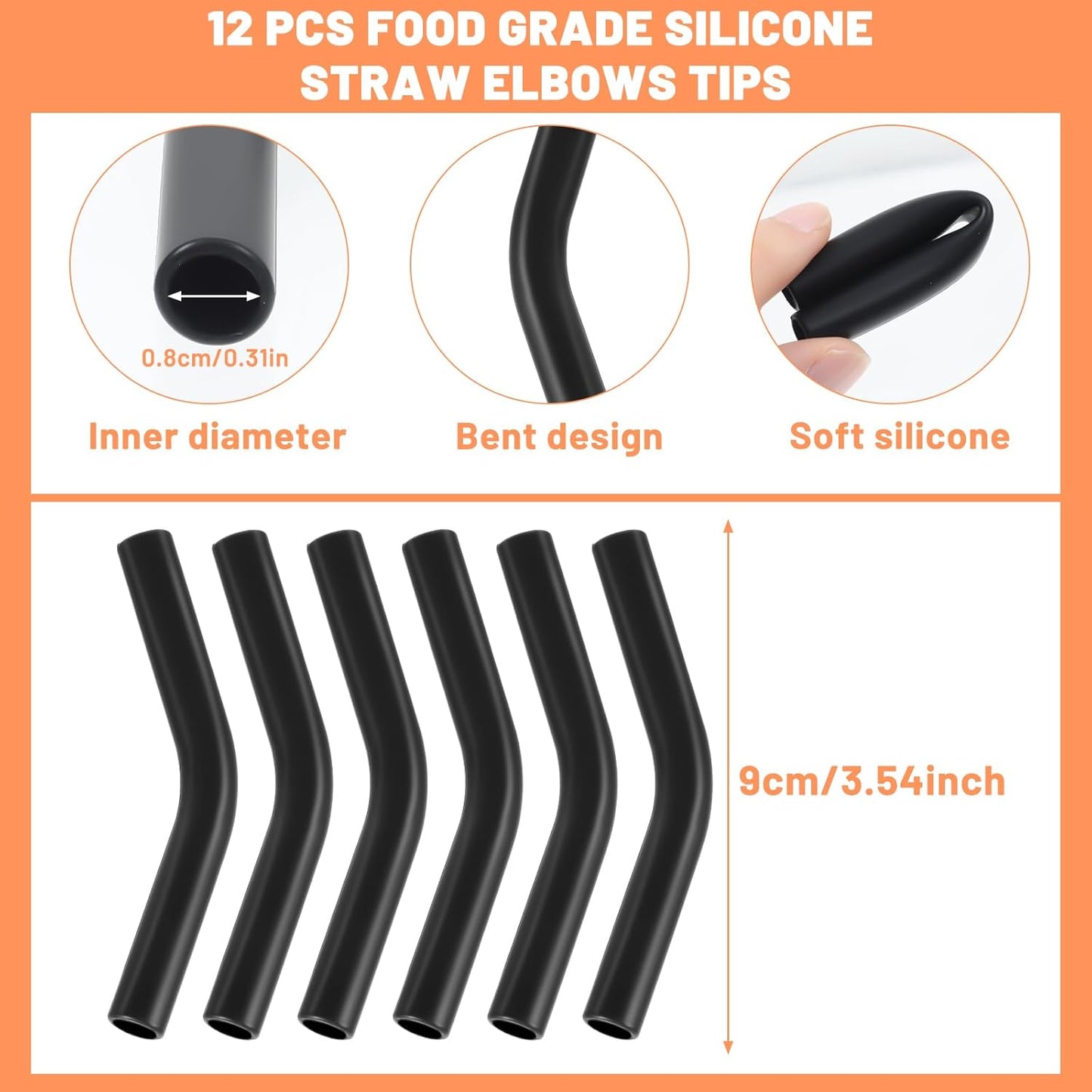 12 Puntas Silicona Negra para Popotes Acero Inox