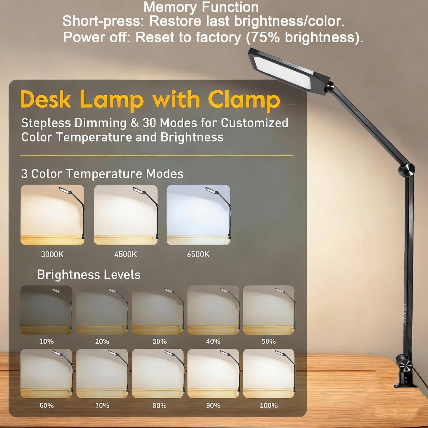 Lámpara escritorio LED abrazadera 3 modos color memoria