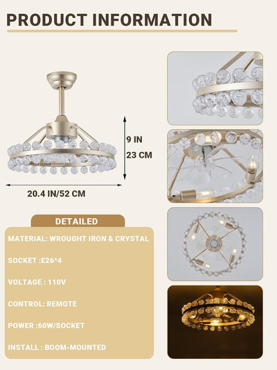 Ventilador techo enjaulado cristal dorado 20pulg luz 6 vel