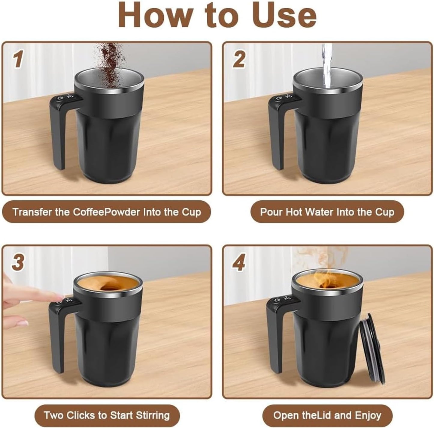 Taza recargable con agitación automática de 13.5 oz en acero inoxidable negro