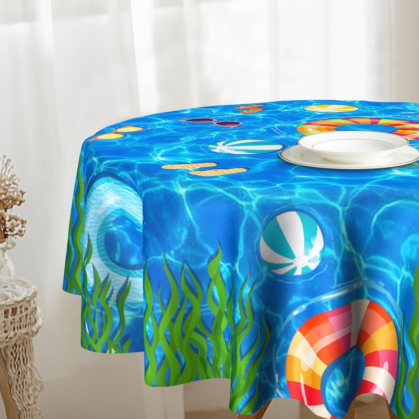 Mantel playa redondo 60pulg azul para cocina comedor