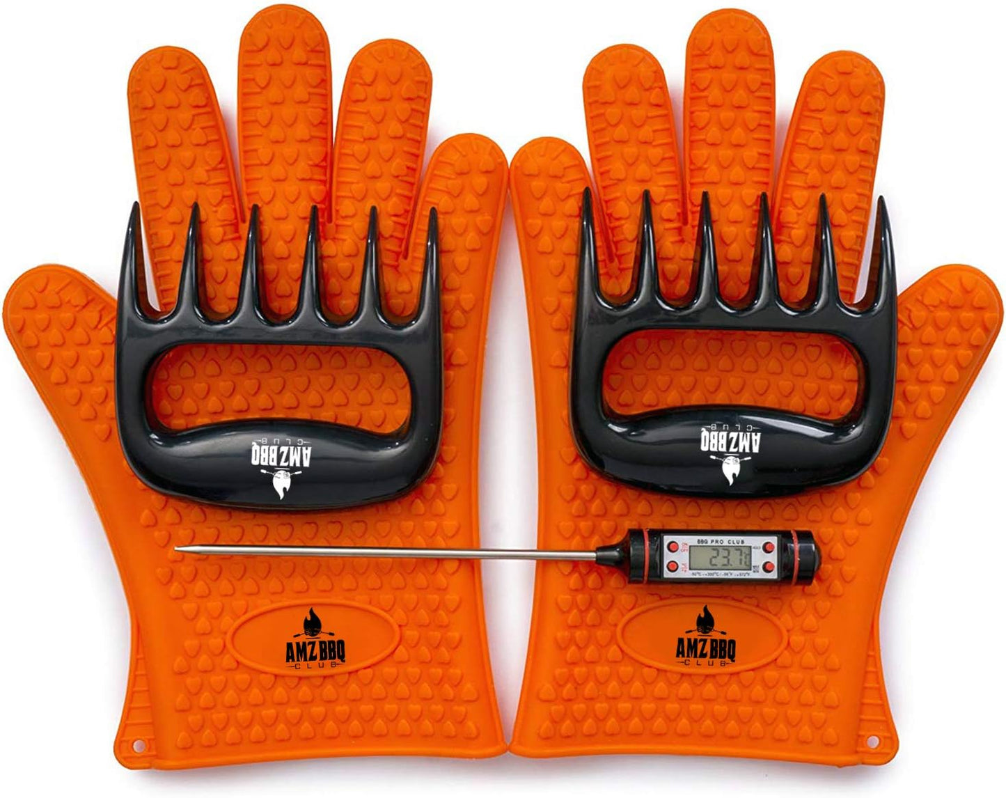 Juego accesorios parrilla con guantes silicona garras termómetro