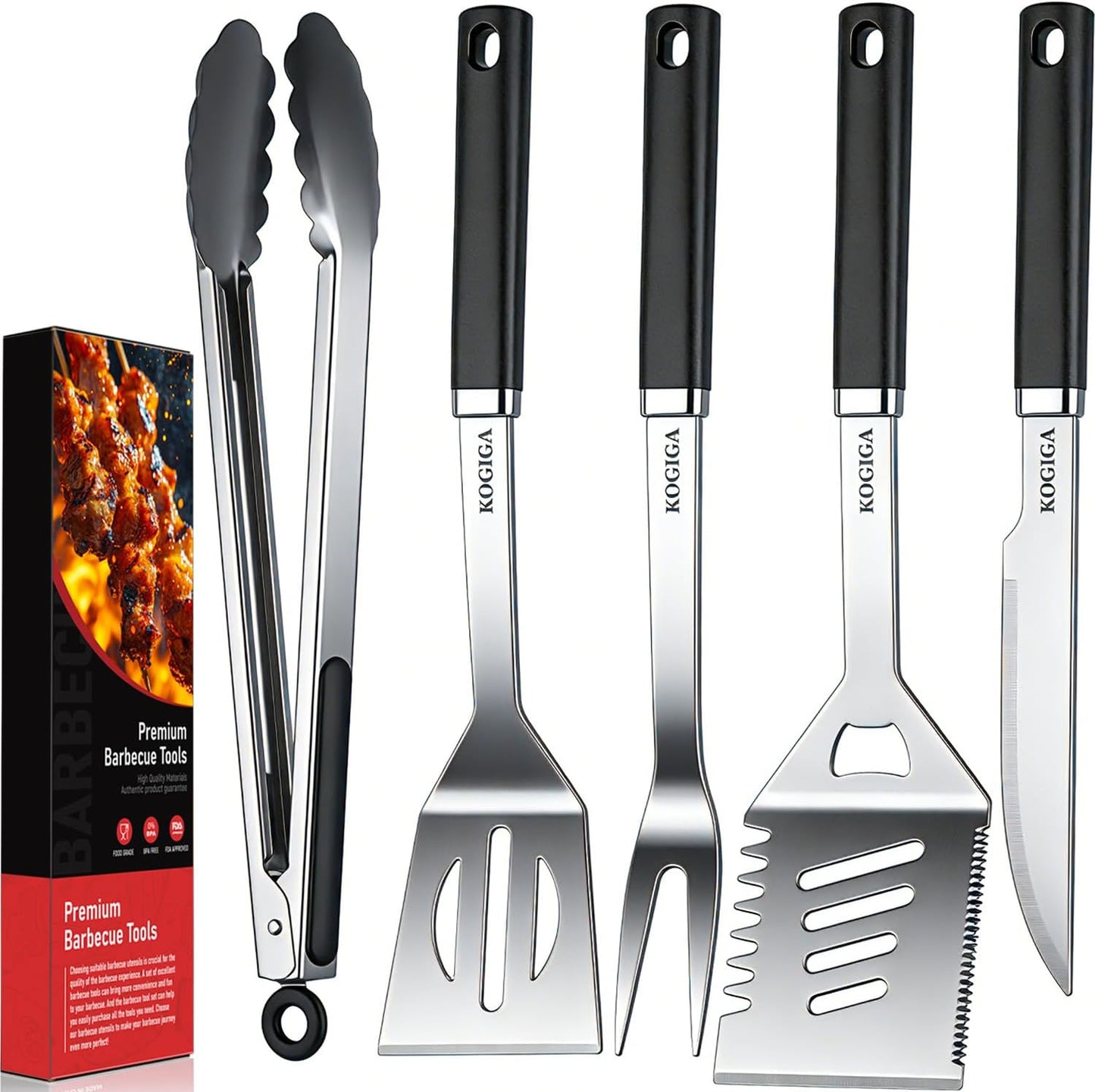 Juego herramientas parrilla acero inox espátula pinzas cuchillo
