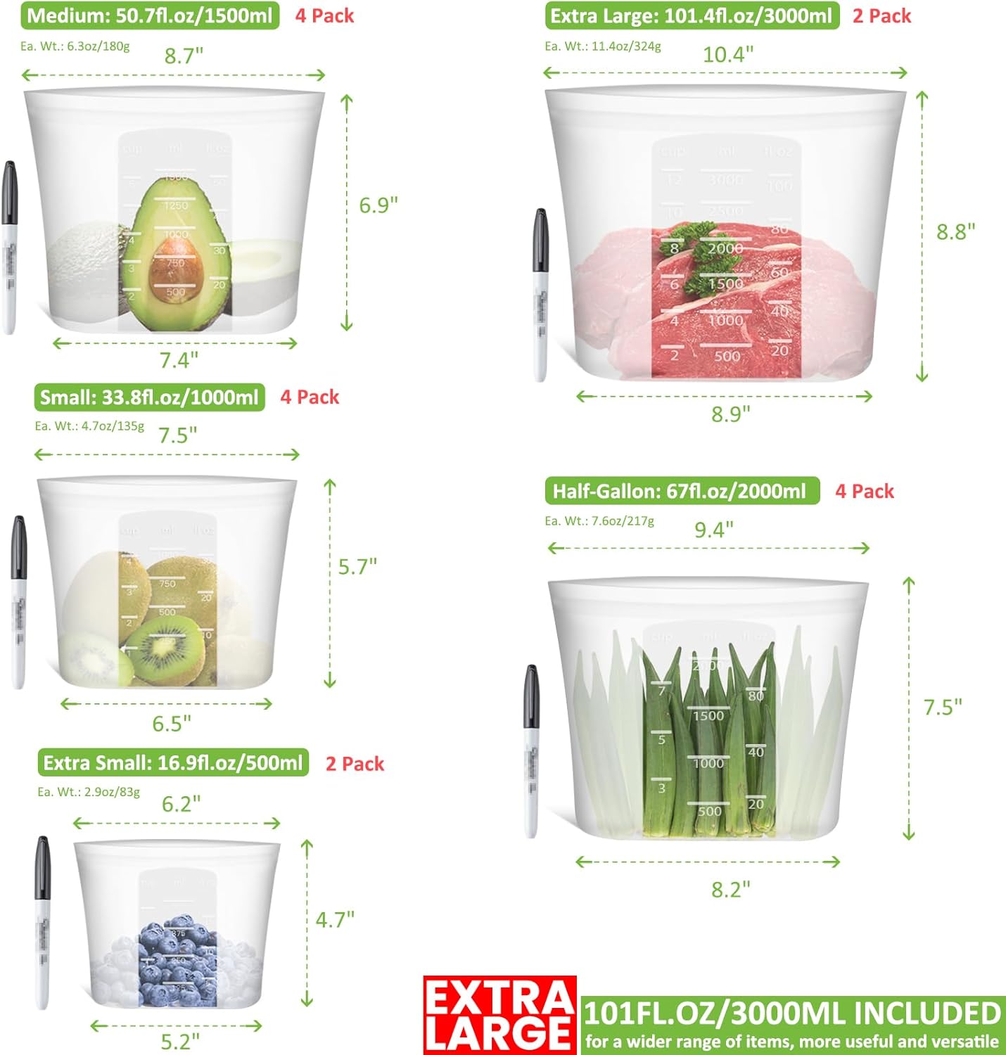 Bolsa de almacenamiento reutilizable de silicona 16 unidades