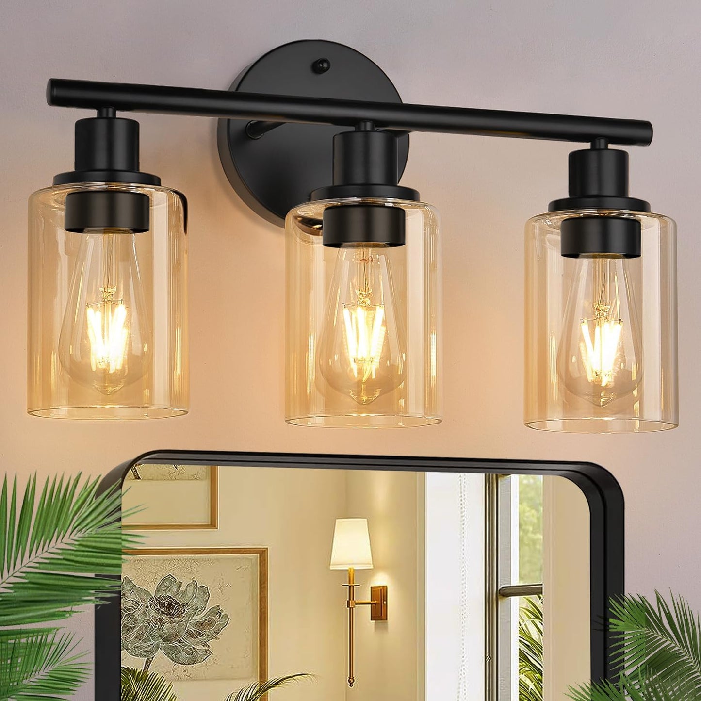 Lámpara baño 3 luces negras vidrio ámbar para espejo cocina sala
