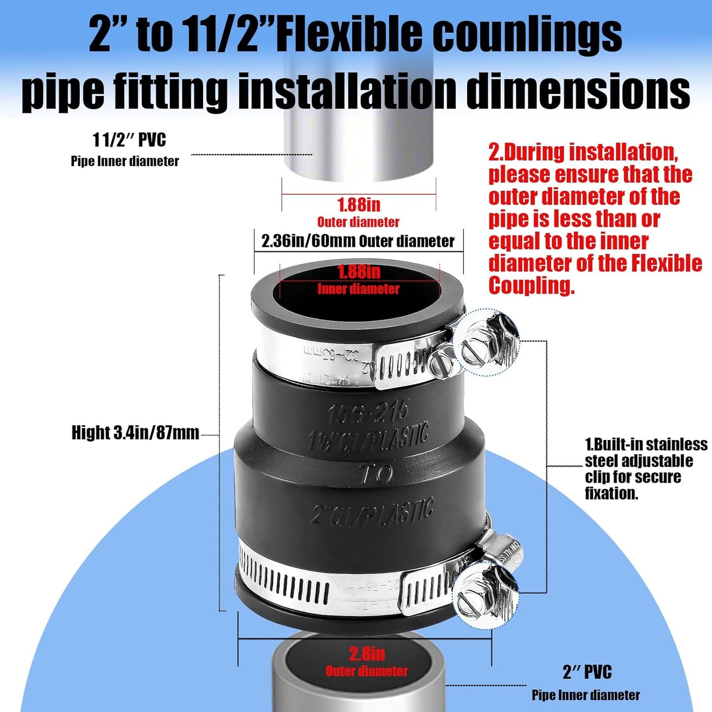 Acoplamiento flexible PVC 1 1/2" a 2" con abrazadera inox