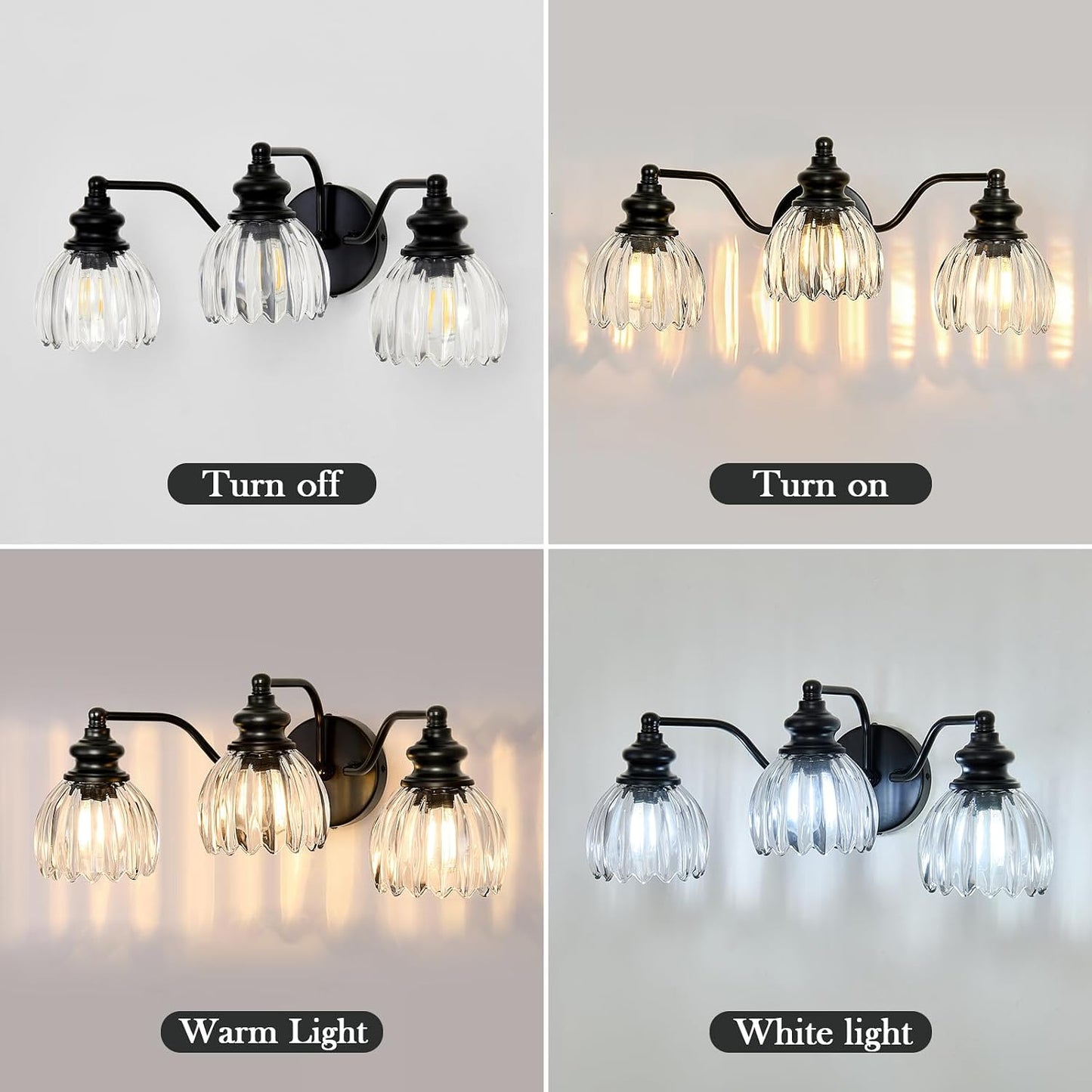 Lámpara baño 3 luces negro pantalla cristal E26