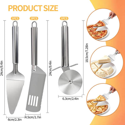 Juego de 4 moldes de acero inoxidable para tartas y servidor con espátula dentada para pastel, pizza y lasaña