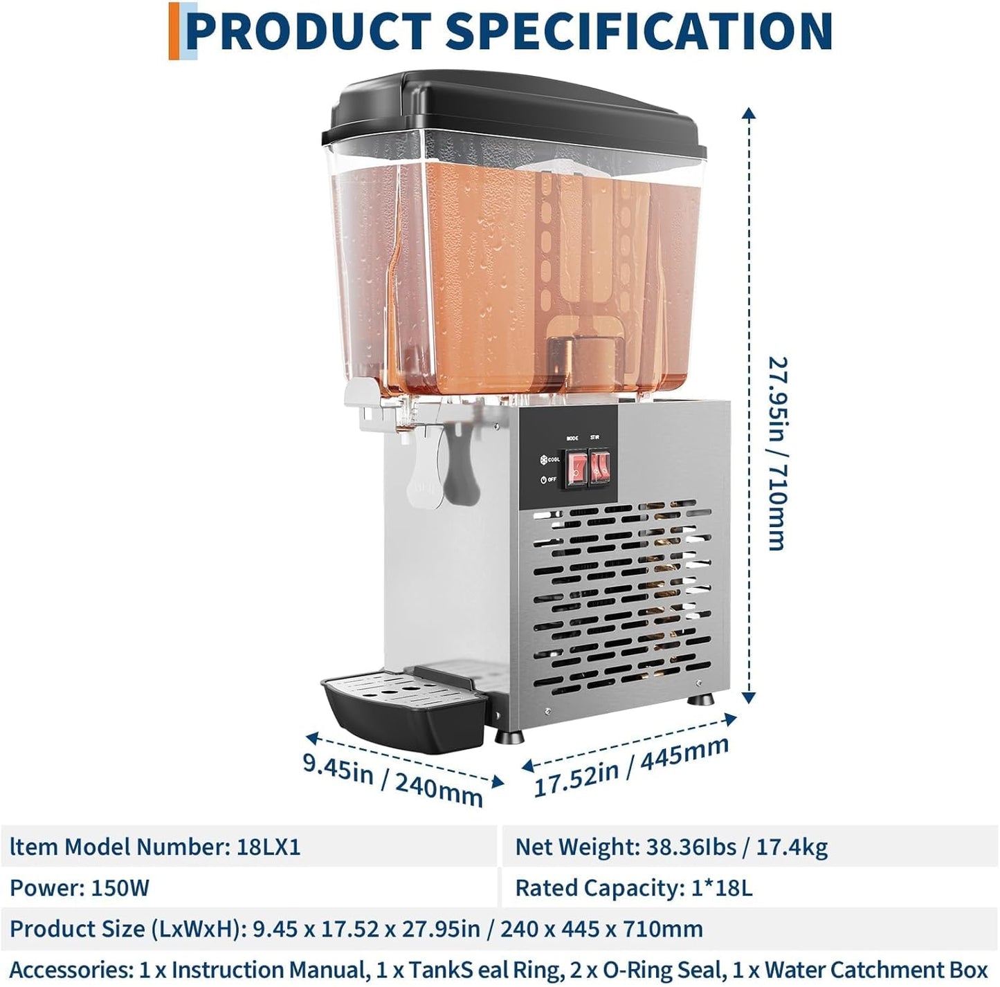 Dispensador bebidas comerciales acero inox 4.8gal