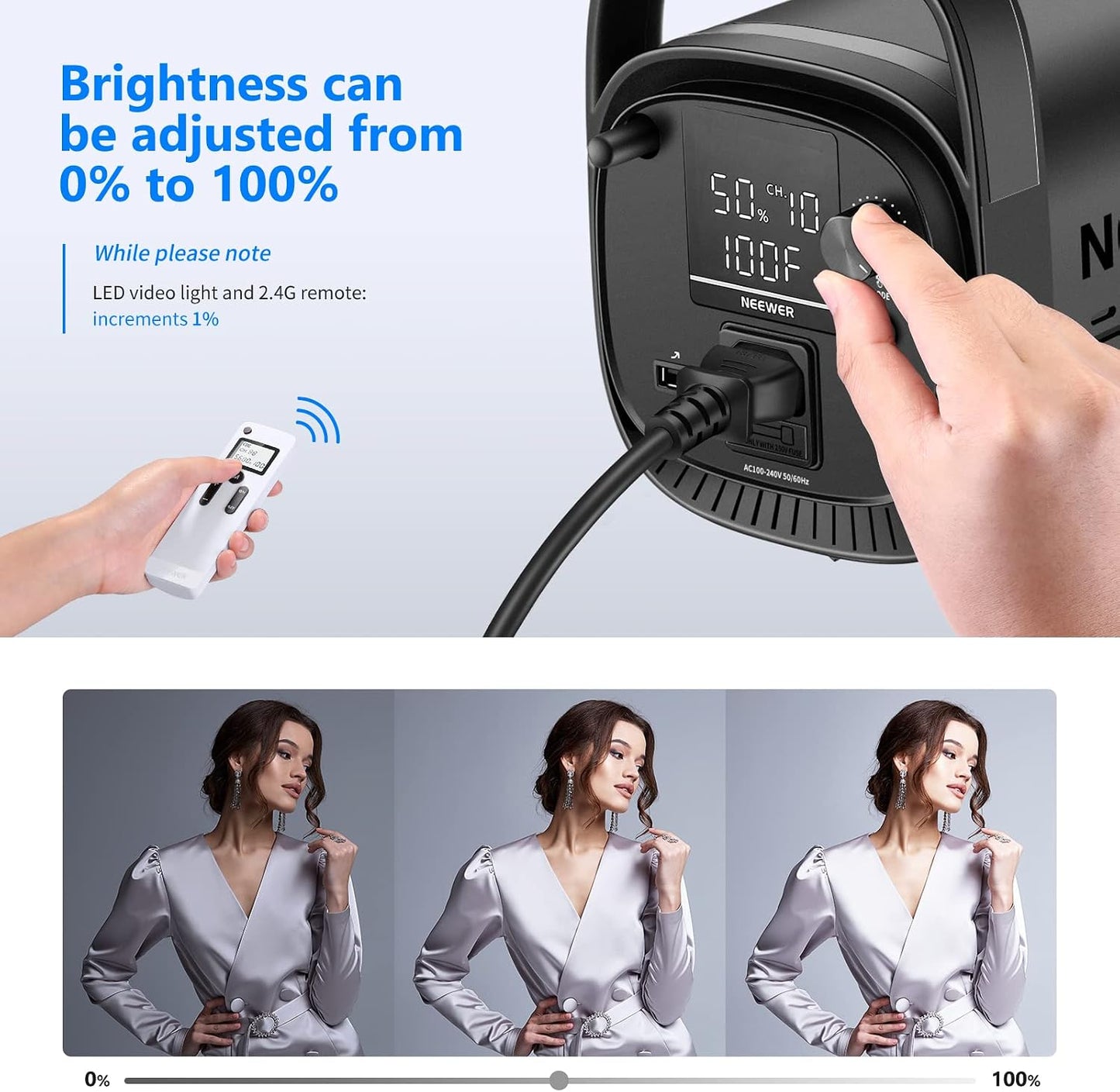 Luz LED video 60W blanco 5600K CRI 95 control remoto Bowens