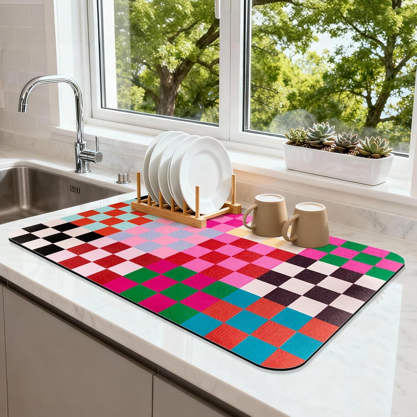 Tapete para secar platos tablero ajedrez 24x16 pulgadas