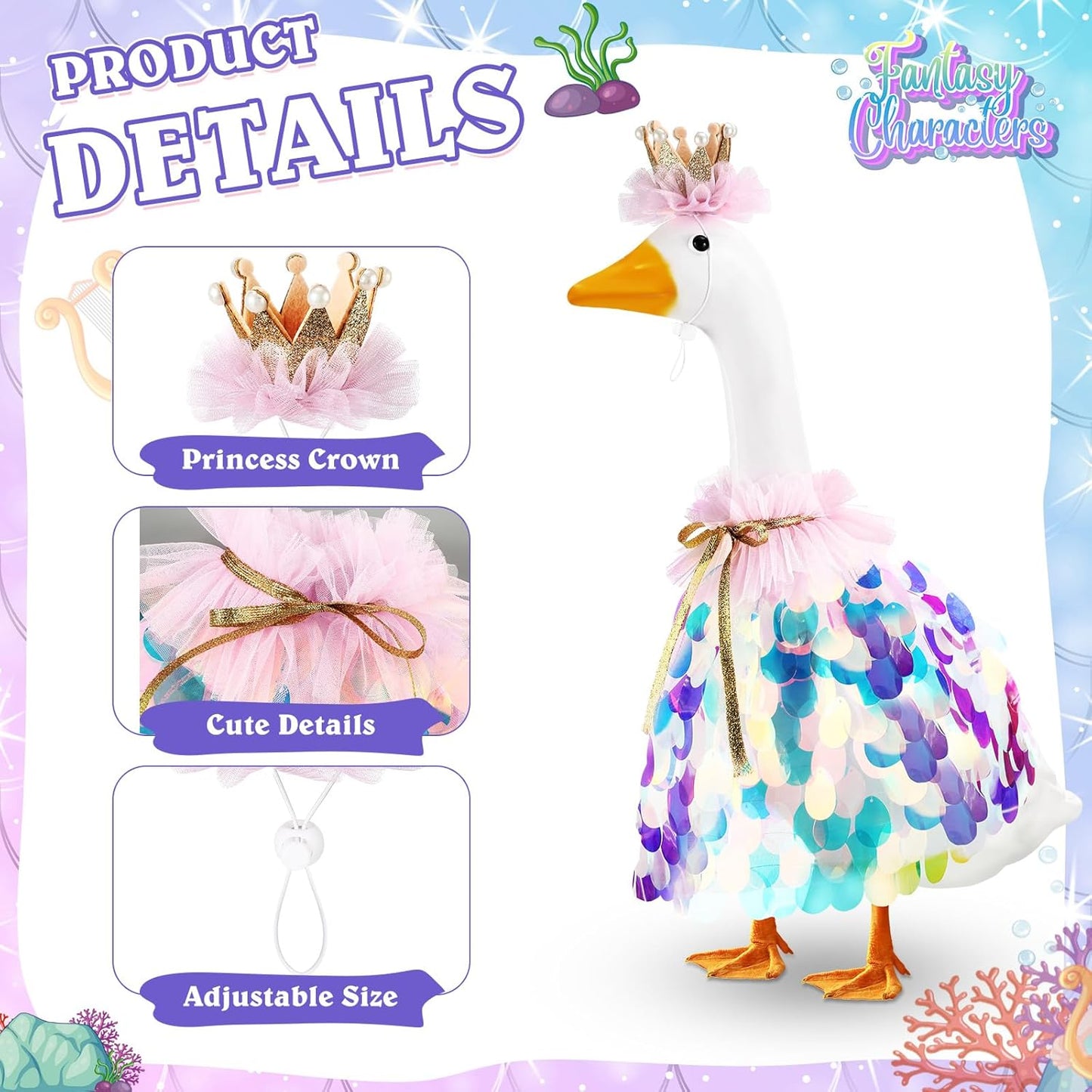 Disfraz ganso princesa capa lentejuelas arcoíris azul